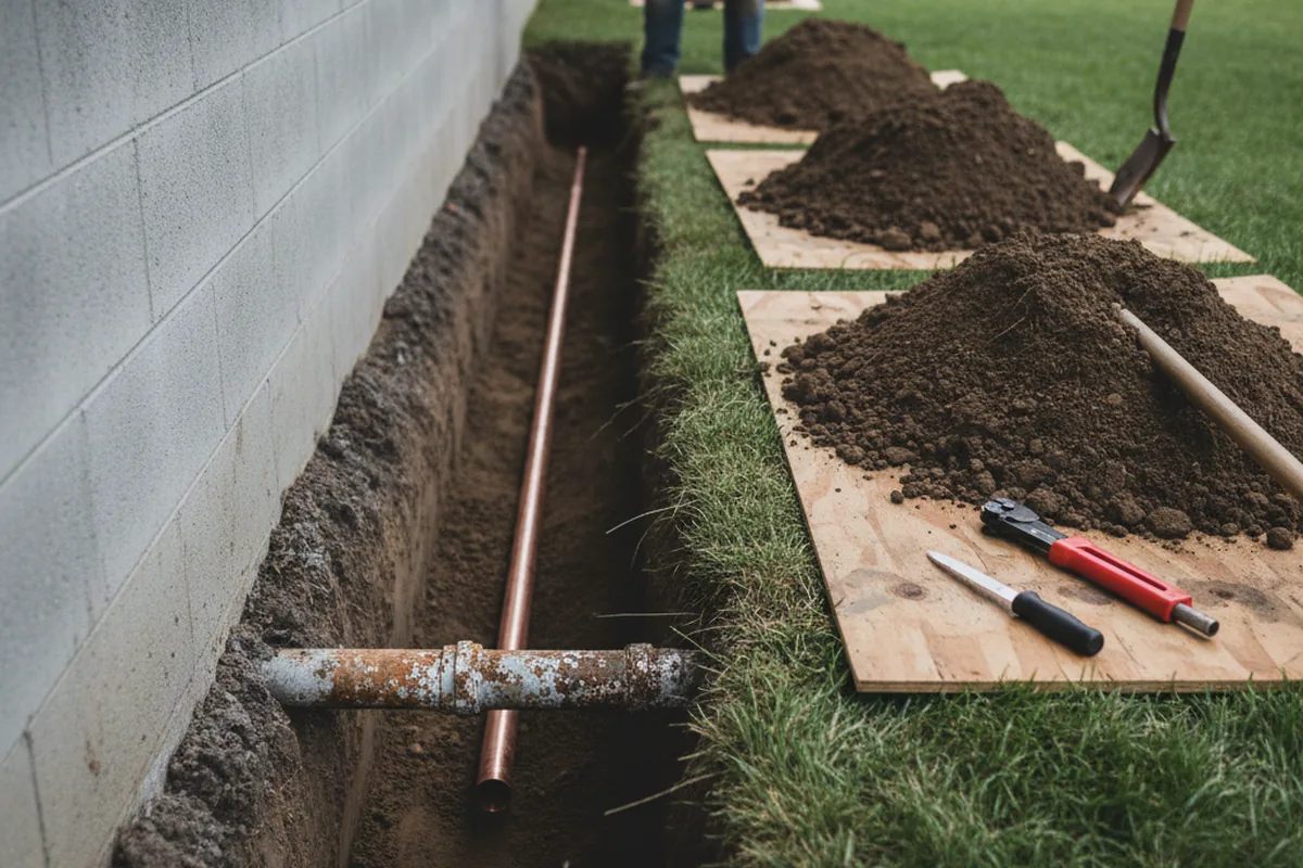 Excavated water line trench during Water Softener Installation in Pleasant Valley